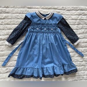 Vintage Polly Flinders Blue Hand Smocked Cotton Dress